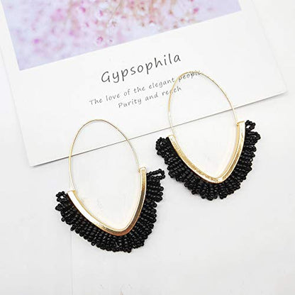 V-Shaped Beaded Dangle Earrings - Statement Drop Fringe Earrings, Boho Handmade Tassel Jewelry Gift for Women - color: Black