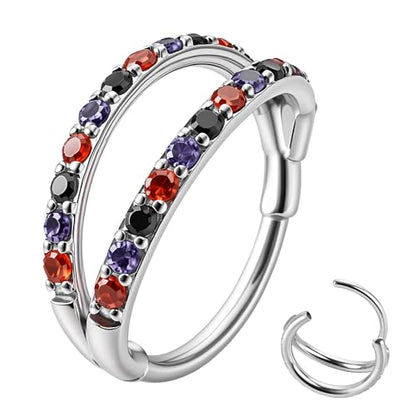 20/16G CZ Hinged Nose Rings Hoop, 316L Surgical Stainless Steel Cartilage Earring, Septum Clicker Ring, Daith Helix Rook Tragus Conch Lip Lobe Piercing Jewelry - color: A Black Double Open Ring with Coloful CZ 01, size: 1pc 20 Gauge 6mm