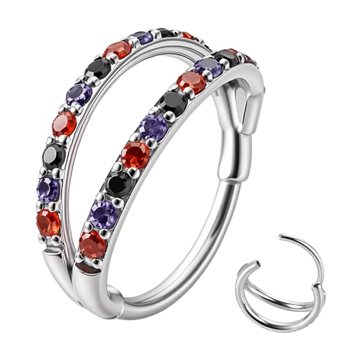 20/16G CZ Hinged Nose Rings Hoop, 316L Surgical Stainless Steel Cartilage Earring, Septum Clicker Ring, Daith Helix Rook Tragus Conch Lip Lobe Piercing Jewelry - color: A Black Double Open Ring with Coloful CZ 01, size: 1pc 20 Gauge 8mm