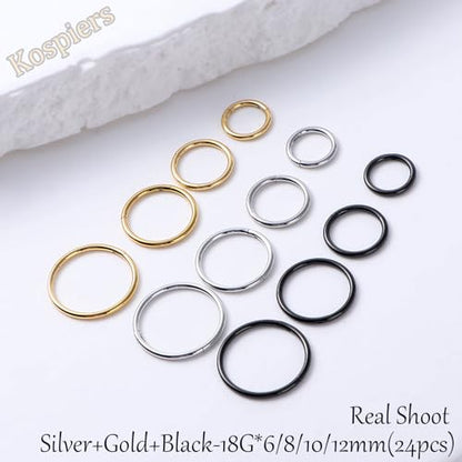 Nose Rings 20G 18G 16G 316L Surgical Steel Hinged Clicker Segment Nose Hoop Helix Cartilage Daith Tragus Sleeper Earrings Body Lip Piercing Jewelry for Women Men 6mm 7mm 8mm 10mm 12mm - style: 19:Silver+Gold+Black-18G*6/8/10/12mm(24pcs)