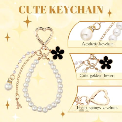 Sureio 5 Pcs Bag Extender Chain Pearl Purse Chain Ribbon Bow Keychain Extender Bag Strap Purse Charms Accessories for Handbag - color: Black and White