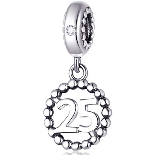 5,10,15,16,17,18,20,21,25,30,35,40,42,49,50,55,60,65,70 Number Charms for European Bracelet, 925 Sterling Silver Birthday Pendant Beads with CZ, Gifts for Mothers Day/Anniversary - color: Number 25 Charm