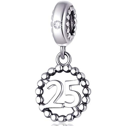 5,10,15,16,17,18,20,21,25,30,35,40,42,49,50,55,60,65,70 Number Charms for European Bracelet, 925 Sterling Silver Birthday Pendant Beads with CZ, Gifts for Mothers Day/Anniversary - color: Number 25 Charm