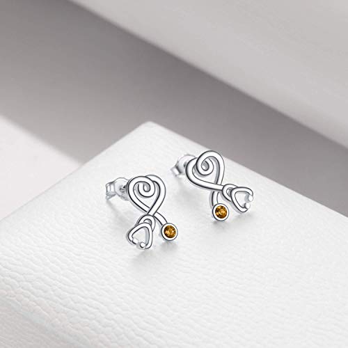 Stethoscope Earrings 925 Sterling Silver Heart Studs Earrings 12 Months Birthstone Crystals from Austria, Graduation Jewelry Gifts for Nurse Doctor RN Medical Student - color: Simulated Topaz 1