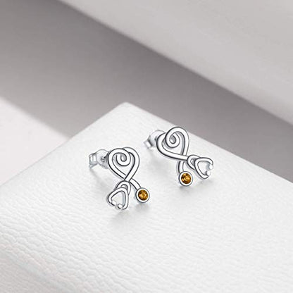 Stethoscope Earrings 925 Sterling Silver Heart Studs Earrings 12 Months Birthstone Crystals from Austria, Graduation Jewelry Gifts for Nurse Doctor RN Medical Student - color: Simulated Topaz 1