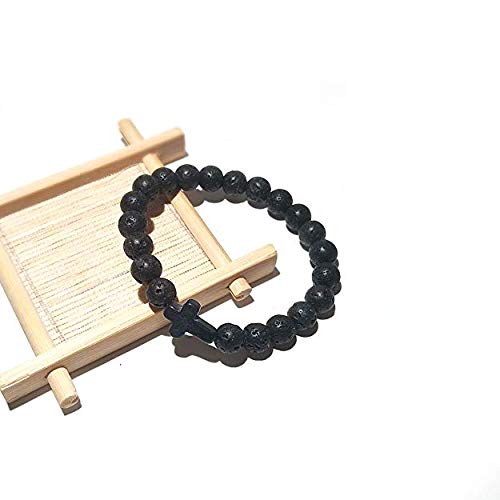 8MM Ornament Lava Volcanic Stone Beads Turquoise Cross Elastic Stretch Bracelet Religion Bangle for Women Men - color: 3 colors