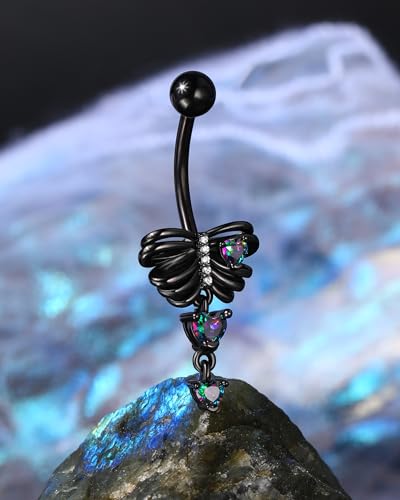 Black Skeleton Heart Belly Button Rings Dangle Halloween Navel Rings 14G Belly Piercing Jewelry Stainless Steel - color: VM CZ