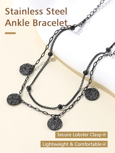 FindChic Ankle Bracelets for Women, Silver/Black/Gold Plated Layered Stainless Steel Anklets, Non-Tarnish Adjustable Waterproof Trendy Foot Jewelry for Beach Summer - style: Layered Coin Charm-Black