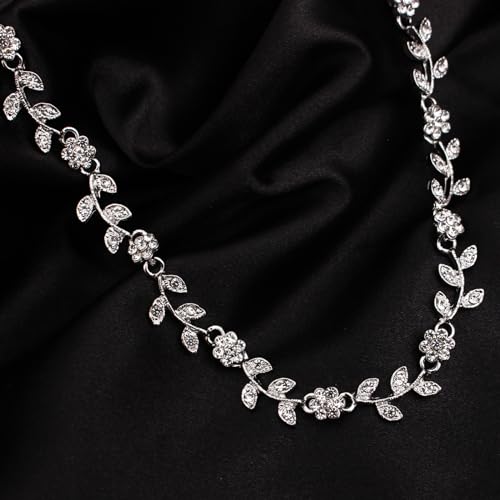 Austrian Crystal Rhinestone Choker Necklace Elegant Flower Leaf Chain Necklace Jewelry for Party Prom Costume Accessories for Women - color: White-Platinum Plated