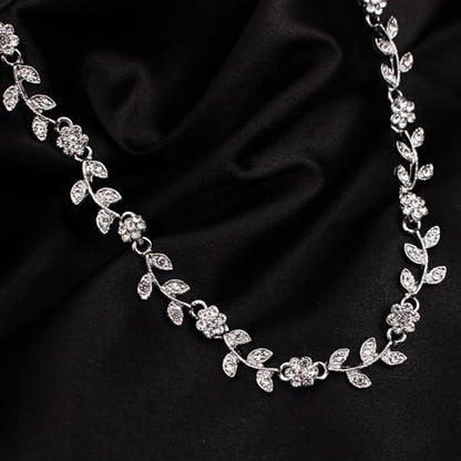Austrian Crystal Rhinestone Choker Necklace Elegant Flower Leaf Chain Necklace Jewelry for Party Prom Costume Accessories for Women - color: White-Platinum Plated