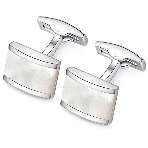 HONEY BEAR Rectangle Cufflinks for Men Wedding Business | Classic, Tarnish-Resistant, Steel-Plated Copper Base, Gift Box, for Groomsmen, Father, Husband, Anniversary, Formal Events - color: White Shell