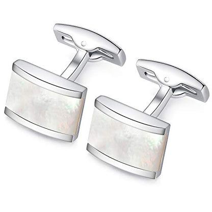 HONEY BEAR Rectangle Cufflinks for Men Wedding Business | Classic, Tarnish-Resistant, Steel-Plated Copper Base, Gift Box, for Groomsmen, Father, Husband, Anniversary, Formal Events - color: White Shell