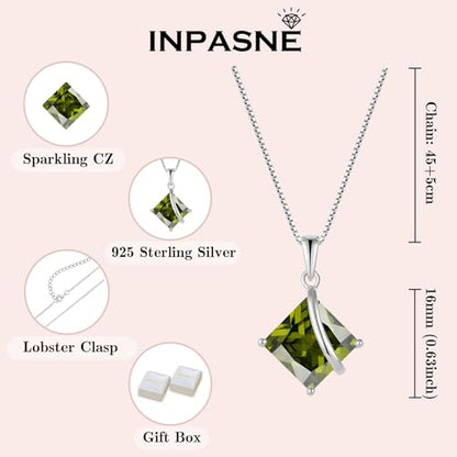 Square Princess Cut Necklace 925 Sterling Silver Solitaire Pendant Necklace Birthstone Jewelry Gifts for Women - color: 08 August - Peridot