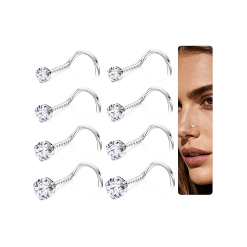 15PCS 14K Gold Plated Nose Rings Studs Set for New Piercing Beginners - color: 8pcs/Screw/20G/Silver