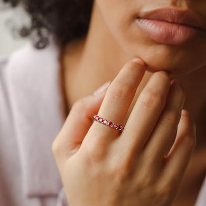 Birthstone Wedding Band Eternity Rings 925 Sterling Silver Rings Stackable Anniversary Engagement Rings Cubic Zirconia Inlaid Created Garnet/Amethyst/Sapphire Ring 7 Stone Ring, Size 6 to 10 - color: Garnet