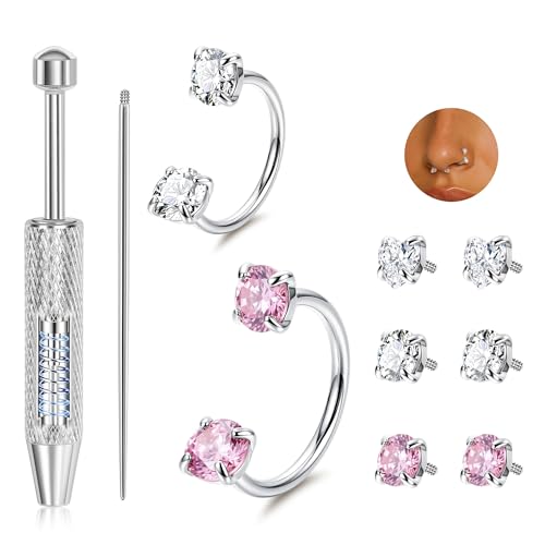 20G 18G Horseshoe Nose Ring Surgical Steel Double Gem Horseshoe Nose Ring Hoops for Women Internal Threaded Nose Piercings Septum Rings Cartilage Helix Daith Lip Piercing with Tool 7-8mm - color: Silver-B, size: 20G