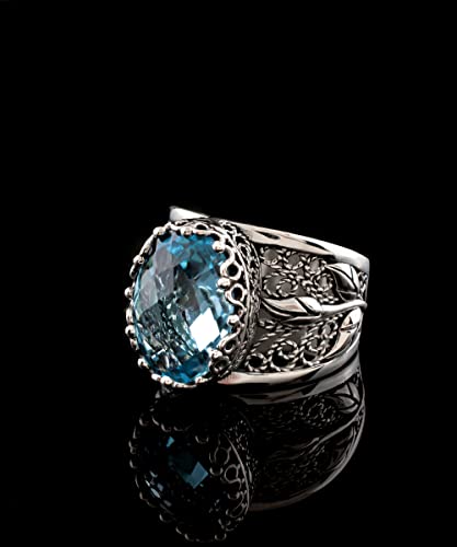 Filigranist 925 Sterling Silver Filigree Art Lace Embroidery Tulip Detailed Gemstone Women Cocktail Ring, Luxurious Gift Boxed - color: Blue Topaz