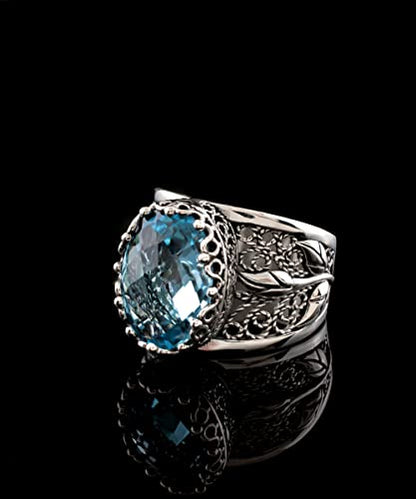 Filigranist 925 Sterling Silver Filigree Art Lace Embroidery Tulip Detailed Gemstone Women Cocktail Ring, Luxurious Gift Boxed - color: Blue Topaz