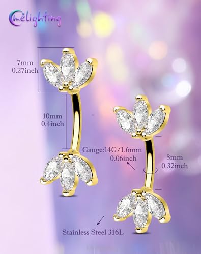 Melighting 14G Gold Lotus Belly Button Ring, Double CZ Navel Ring 316L Surgical Stainless Steel Marquise 5A CZ Steel Belly Bar 8 mm/10 mm - color: Gold, size: 14g8mm