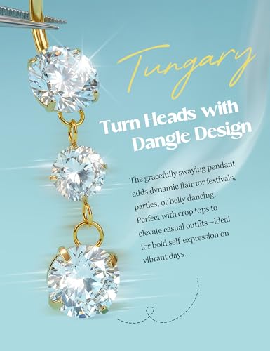 Tungary G23 Titanium Belly Button Rings for Women 14G Internally Threaded | Hypoallergenic Long Navel Piercing Jewelry, 3/8" Implant Grade Dangle Belly Button Piercing, 5A CZ, with Vacuum PVD Finish - color: Dangling: 14K Gold Plated