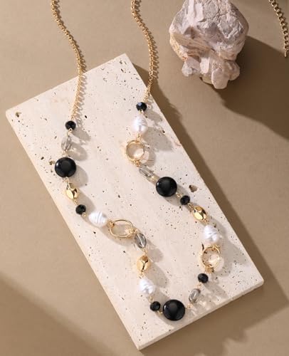 Long Gold Necklaces for Women Trendy Beaded Chain Necklace Chunky Costume Jewelry Gifts for Her - color: Black Agate