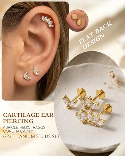 YACHY ASTM F136 G23 Titanium Flat Back Stud Earrings, Internally Threaded Screw-On Hypoallergenic Body Piercing Jewelry for Everyday Wear, Tragus Helix Conch Monroe Medusa Lip, 18G 6mm 8mm - color: Luna Laurel--3pcs+3bar--Gold, size: 6mm+8mm