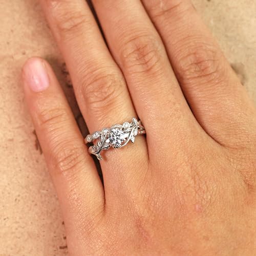 Center 1 CT Round Cut Floral Moissanite Wedding Rings Sets for Women Leaf and Vine Art Deco Engagement Ring Sets in S925 Sterling Silver 10K 14K 18K Gold with Text Engraving - color: Style A