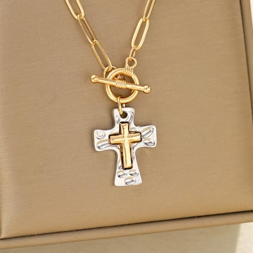 Cross Bracelet for Women Vintage Style Two-Tone Cross Chain Bracelet Gold Plated Paperclip Link Adjustable OT Clasp Jewelry