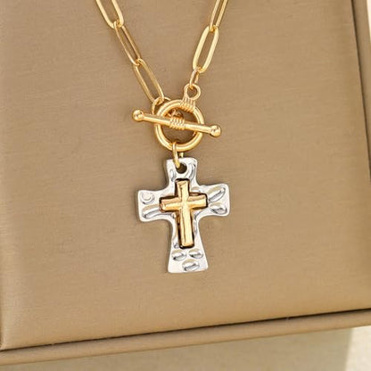 Cross Bracelet for Women Vintage Style Two-Tone Cross Chain Bracelet Gold Plated Paperclip Link Adjustable OT Clasp Jewelry