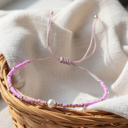 Boho Colorful Glass Gold Plated Seed Beaded Bracelets or Women, Handmade Romantic Freshwater Pearl Adjustable String Braided Rope Jewelry, Summer Beach Daily Party Friendship Gift - color: Purple