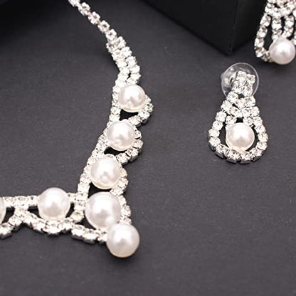 Silver Plated Elegant Necklace Earrings Bride Bridesmaid Jewelry Sets for Wedding Prom Crystal Jewelry Set for Women Costume Accessories - color: 03-Silver Plated