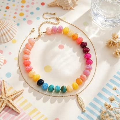 YUJIE Chunky Heart Pendant Necklace for Women- Exaggerated Statement Puff Heart Necklace with Acrylic Beaded Chain - color: B-Multi colour-fish