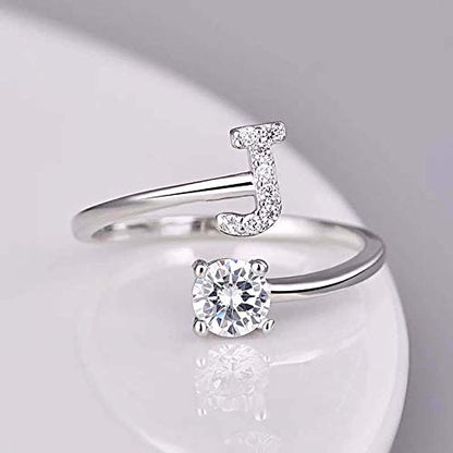 FUTIMELY Initial Letter Ring Alphabet Ring A-Z Silver Crystal Open Adjustable Personalized Initial Ring for Women - style: J