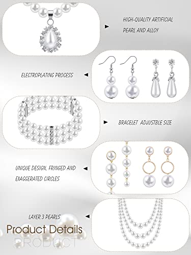 BBTO 8 Pcs Pearl Necklace and Earrings Set for Women Pearl Jewelry Set Faux Necklace Earrings Simulated Bracelets - style: Bright Style