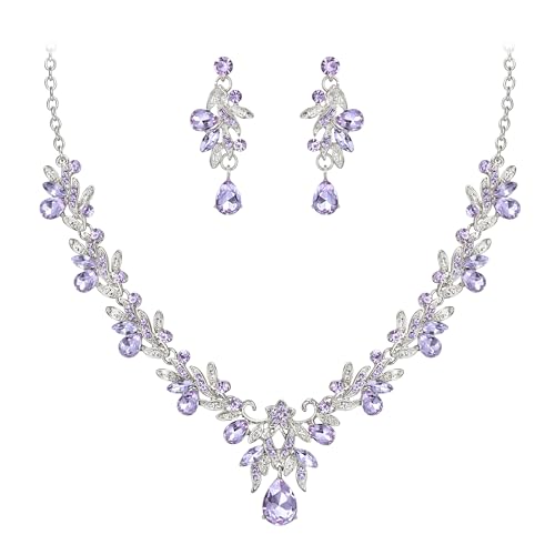 Women's Wedding Jewelry Set Leaf Flower for Bridal Prom Party | Stunning Crystal Teardrop Marquise Cluster Pendant Necklace Dangle Earrings Set for Bride Bridesmaid - color: Light Purple Silver-Tone