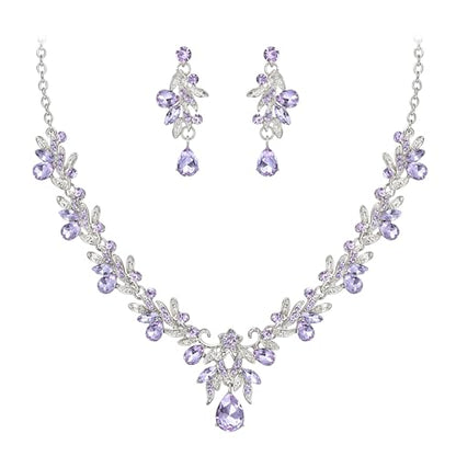Women's Wedding Jewelry Set Leaf Flower for Bridal Prom Party | Stunning Crystal Teardrop Marquise Cluster Pendant Necklace Dangle Earrings Set for Bride Bridesmaid - color: Light Purple Silver-Tone