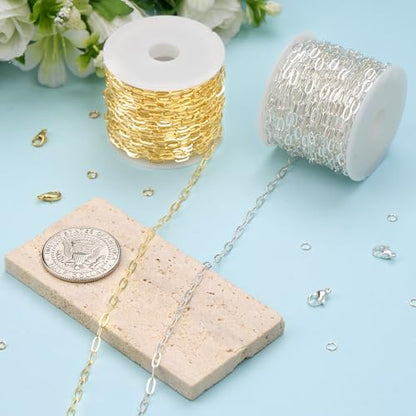 Kyutong 32.8 FT Gold and Silver Jewelry Making Chains Paperclip Chain Links | 2 Rolls Paper Clip Chain Necklace Brass Jewelry Findings with Clasps for Women DIY Jewelry Crafts - color: 3.2x6.3 Paperclip Chain