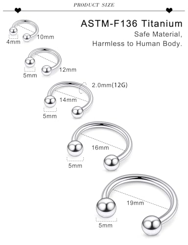 20G 18G 16G 14G 12G ASTM F136 Titanium Horseshoe Septum Nose Ring Piercing Jewelry Circular Barbell Helix Snug Tragus Rook Daith Cartilage Earring Lip Ring Hoop Piercing Jewelry for Women Men - style: 12G, 10mm 12mm 14mm 16mm 19mm Length, Ball