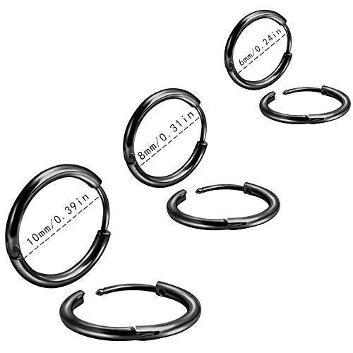 EACHLP Tiny Hoop Earrings 18K Real Gold Plating Surgical Steel Unisex - style: 6/8/10 Black