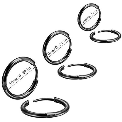 EACHLP Tiny Hoop Earrings 18K Real Gold Plating Surgical Steel Unisex - style: 6/8/10 Black