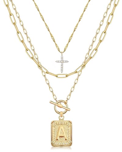 MJartoria Layered Initial Necklaces for Women Trendy, 14K Gold Plated Brass Simple Dainty Cross Choker Square Letter Pendant Necklace, Paperclip Chain Necklaces Jewelry - color: Gold, style: A.