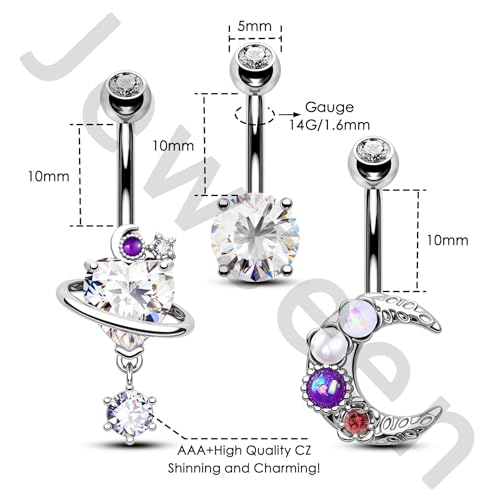 Jewseen 3PCS Belly Button Ring Dangle Surgical Steel Zircon Opal Moon Star Planet Space Design Navel Ring 14G Curved Barbell Fashion Piercing Jewelry - color: planet