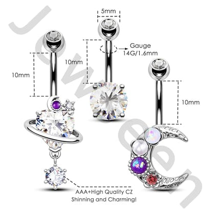 Jewseen 3PCS Belly Button Ring Dangle Surgical Steel Zircon Opal Moon Star Planet Space Design Navel Ring 14G Curved Barbell Fashion Piercing Jewelry - color: moon