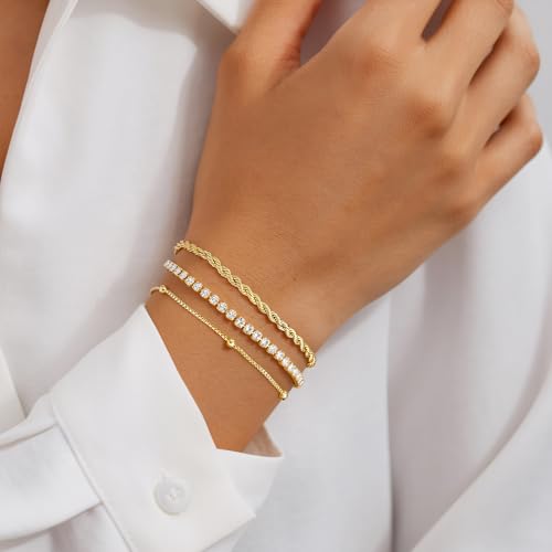Turandoss Gold Bracelets for Women - Dainty 14K Gold Plated Tennis Bracelet | Stackable Cross Beaded Set, Twisted Rope Chain, Snake Paperclip Chain, Knot Cuff Bracelets for Women, Jewelry Gifts - color: Satellite Tennis Set