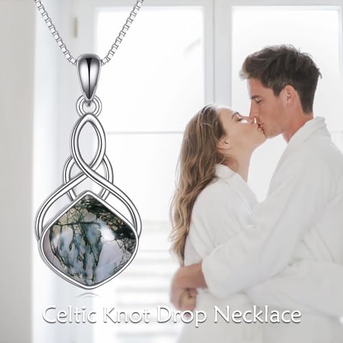 YAFEINI Irish Celtic Pendant Necklace Sterling Silver Natural Stone Teardrop Necklace Jewelry Gifts For Women Girls - color: Moss agate necklace