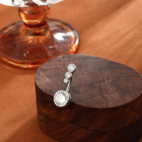 Clicker Belly Button Rings for Women Dangle Belly Rings Cute CZ Opal Reverse Navel Rings Body Piercing Jewelry for Women 14G Silver Gold Tone - style: Round,SL