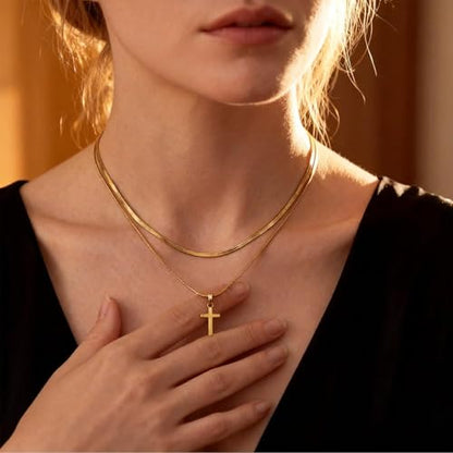 Double Layered Cross Necklace for Women Men, Herringbone Snake Chain and Box Chain Stack, Dainty Minimalist Pendant Jewelry for Daily Wear Celebration Events