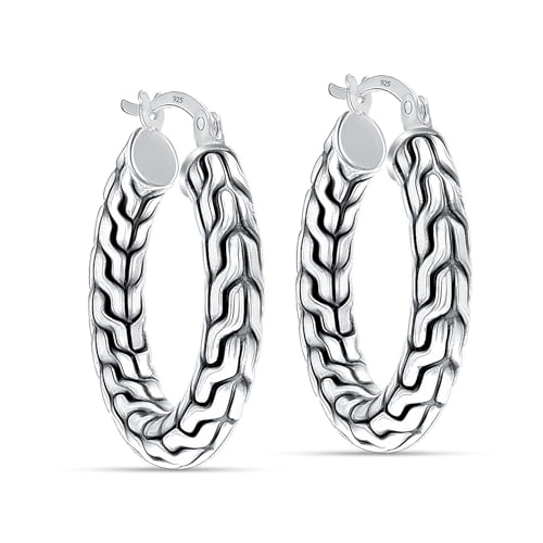 LeCalla Sterling Silver Hoop Earrings for Women | Lightweight Silver Chunky Hoop Earrings | Handmade Electroform Hollow Italian Design Click-Top Earrings Hoop - color: Bali Carved Chain