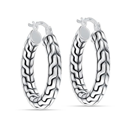LeCalla Sterling Silver Hoop Earrings for Women | Lightweight Silver Chunky Hoop Earrings | Handmade Electroform Hollow Italian Design Click-Top Earrings Hoop - color: Bali Carved Chain