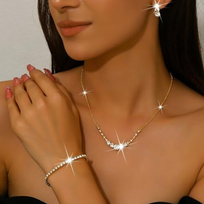 Silver Wedding Prom Jewelry Sets Sparkling Crystal Chain Necklace Earrings Bracelet Set Rhinestone Wedding Set Formal Prom Costume Jewelry Sets for Women and Brides - color: Gold